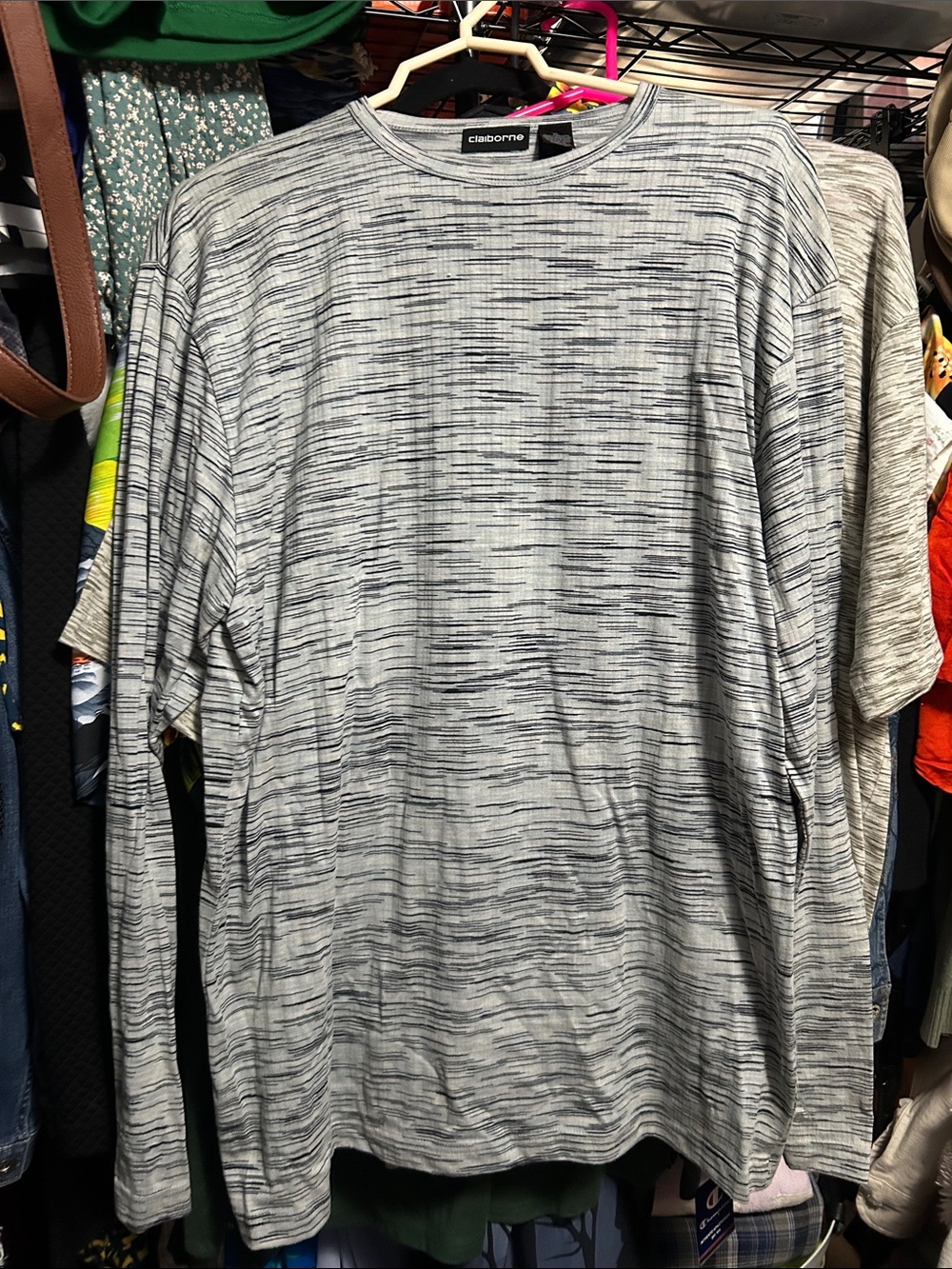 Claiborne Heathered Light Gray Striped Short Sleeve Tee